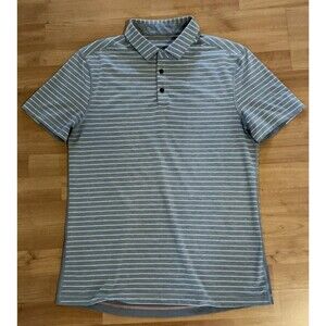 Lululemon Polo Shirt Mens Size M‎  Gray Striped Button Down Collar Curved Hem
